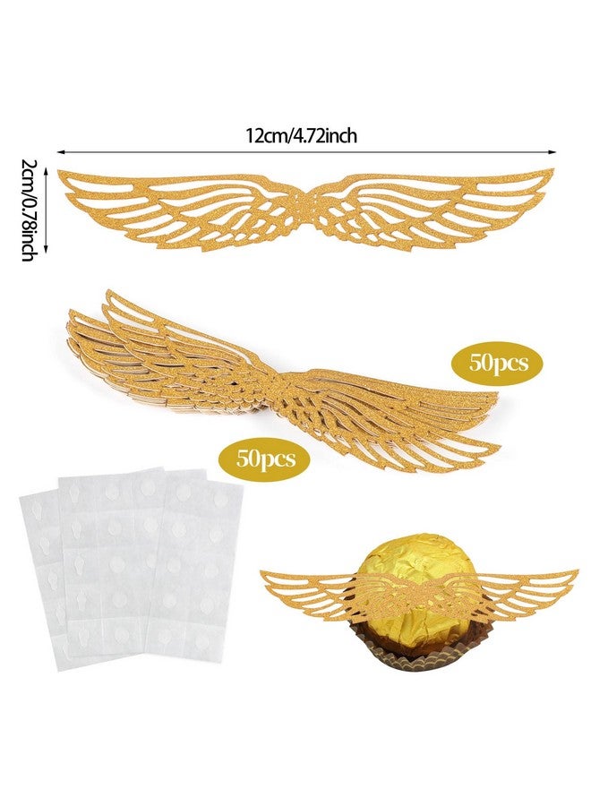 CCINEE 50 Pcs Gold Glitter Wings Wizard Chocolate Decoration Cupcake Toppers Hollowed Golden Wings Wafer with Glue Point Dots for Themed Party Birthday Cake Wedding - Image 2