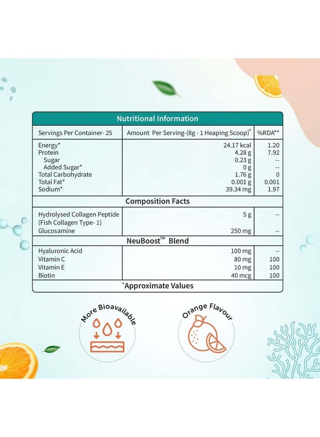 Neuherbs Collagen Supplement - 200 Gram, Orange Flavour |Skin Glow Marine Collagen Powder for Women & Men | Collagen with Hyaluronic Acid, Vitamin E & C, Biotin | Supports Glowing & healthy skin. - Image 3