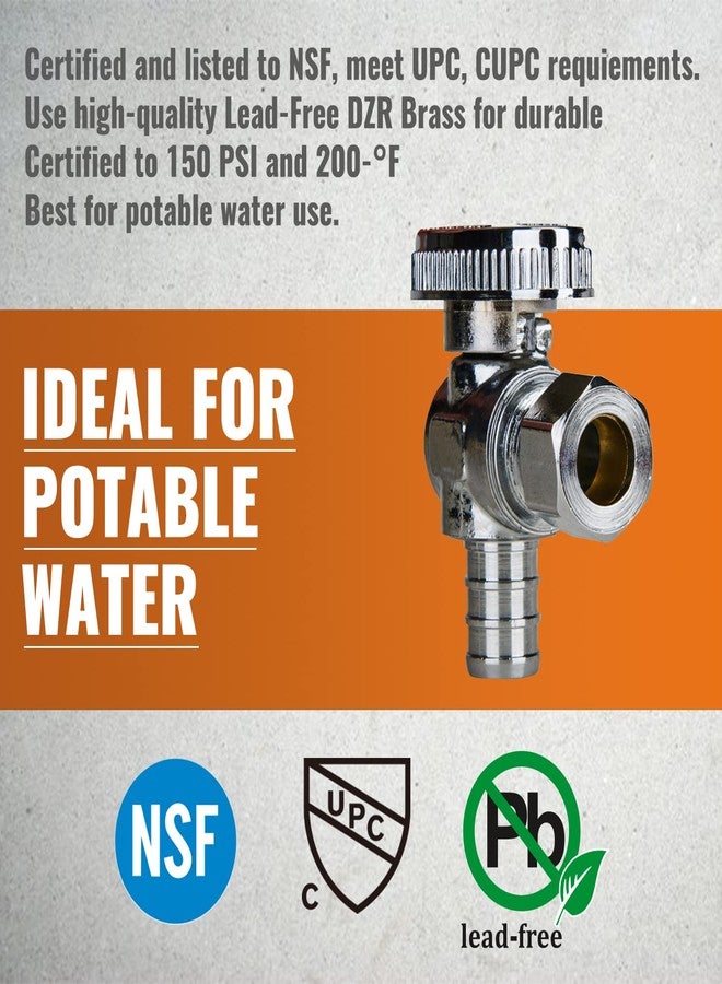 SUNGATOR صمام إيقاف زاوية من نوع PEX من SUNGATOR، عبوة من 10 قطع، مقاس 1/2 بوصة × 3/8 بوصة، ضغط 1/2 بوصة PEX × 3/8 بوصة قطر خارجي، ربع دورة، نحاس مطلي بالكروم، صمام إغلاق 1/2 بوصة PEX للحنفيات والمراحيض، ASTM F1807 - Image 3