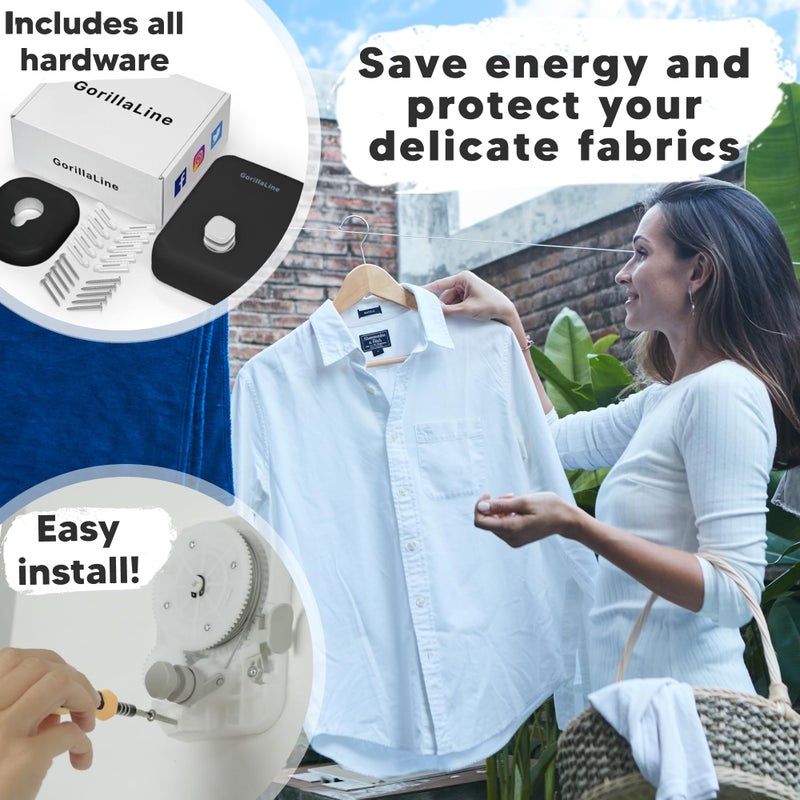 GorillaLine - Retractable Clothesline Indoor Outdoor Clothes Line - Heavy Duty Clothes Drying Laundry Line - Wall Mounted Drying Rack - Air Dry Clothing - Image 4