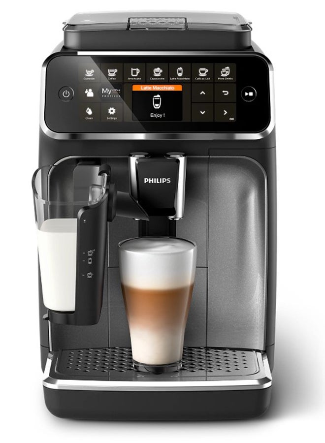 فيليبس ماكينة صنع قهوة الإسبريسو LatteGo الأوتوماتيكية بالكامل من سلسلة 4300 مع شاشة سهلة الاستخدام، وما يصل إلى 8 أنواع مختلفة من القهوة، ومستويات طحن مكونة من 12 خطوة وطواحين سيراميك متينة - Image 1