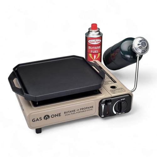 GasOne GS-3400P-KIT Propane or Butane Gas Stove with Flat Top Griddle Included – Dual Fuel Propane Grill Tent Stove Burners for Cooking for Camping, Kitchen – Diecast Aluminum with Non Stick Coating - Image 1