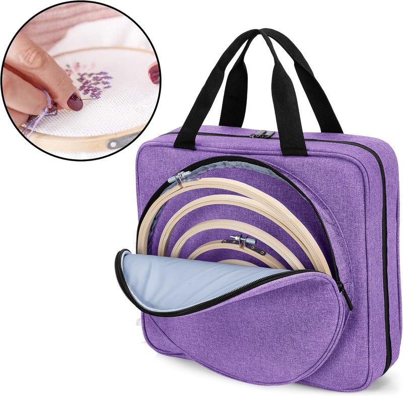 LoDrid Embroidery Project Bag, Square Embroidery Supplies Storage Tote, Portable Craft Carry Case for Cross Stitch Kits Tools, Multiple Pockets, Purple, Bag Only - Image 3
