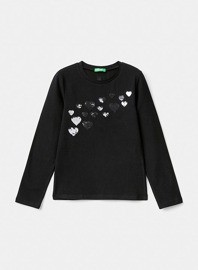 بينيتون تي شيرت من القطن العضوي للبنات مع ترتر - Image 1