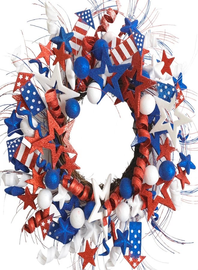 idyllic 24 Inch Patriotic Red White Blue Glitter Stars Wreath for Front Door, Independence Day Glitter Stars with Rockets for Indoor, Memorial Day Forth of July Door Wreath for Home Decor - Image 1