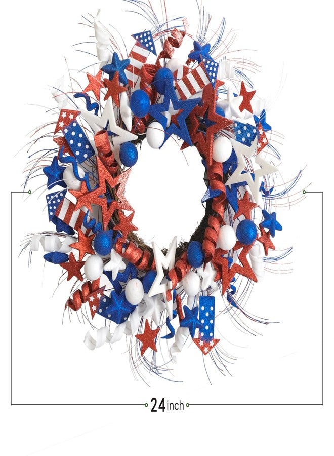 idyllic 24 Inch Patriotic Red White Blue Glitter Stars Wreath for Front Door, Independence Day Glitter Stars with Rockets for Indoor, Memorial Day Forth of July Door Wreath for Home Decor - Image 3