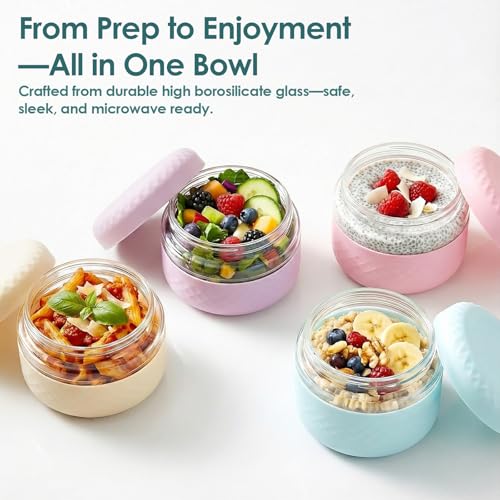 Cafezi 4 Pack 16 oz Glass Lunch Bowl Containers with Lids | Leak & Spill Proof, BPA-Free, Microwave & Dishwasher Safe, Airtight Meal Prep & Food Storage Jar for Lunch, Salad, Soup, Oats, Stew, Yogurt - Image 2