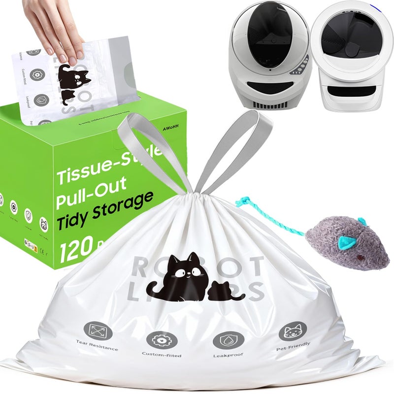 AWoHH 120 Tidy Draw-Pack Cat Litter Box Robot 5/4/3 Waste Bags Automatic Litter Box Bags, Tear-free, Sensor-compatible, Thick Heavy Duty Cat Litter Box Liner Bags 25.2 x 15.7 IN - Image 1
