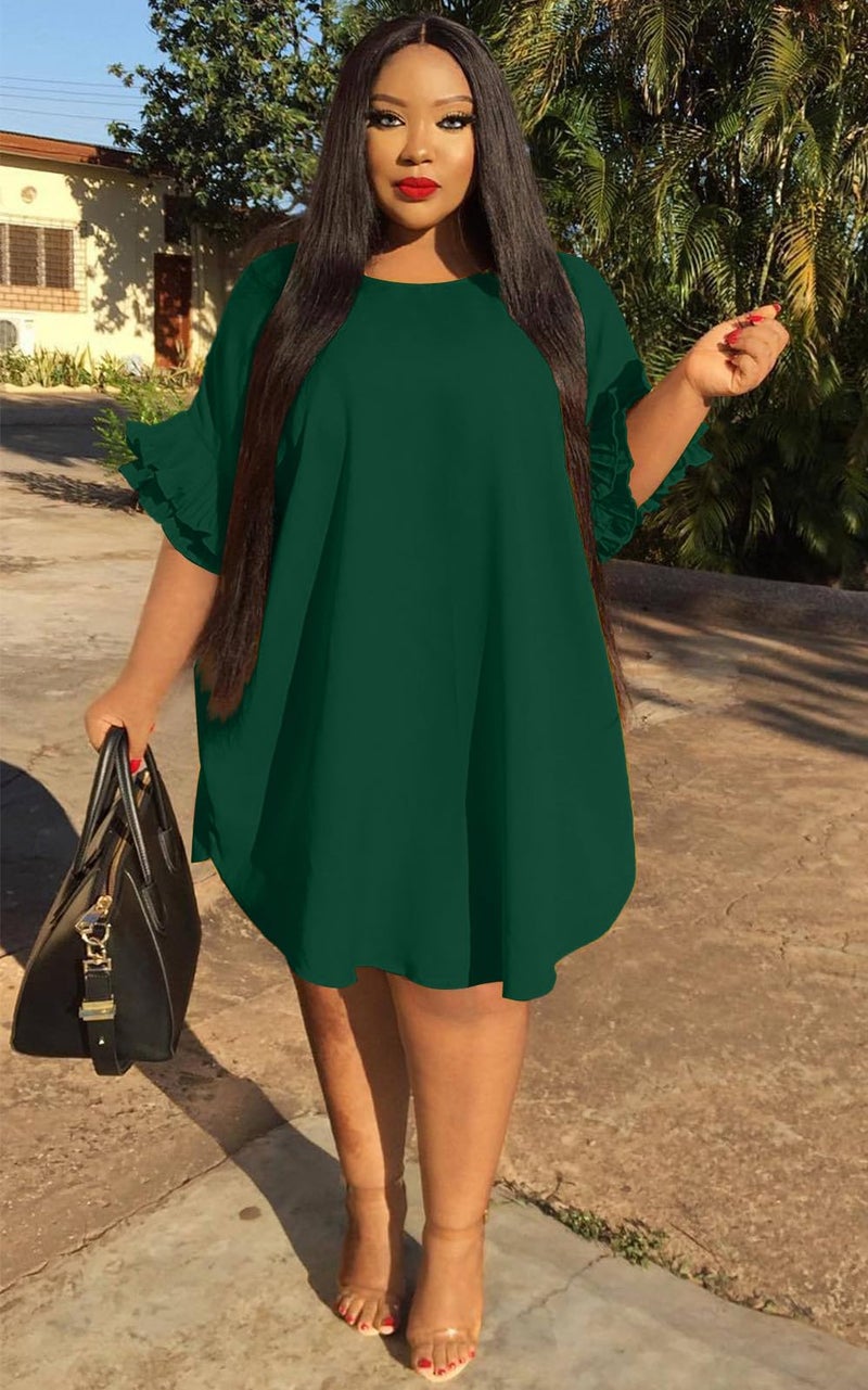 Ekaliy Womenâ€™s Summer Ruffle Sleeve Round Neck Loose Fit Casual Swing Short Mini Dress XXXXXL Green - Image 3