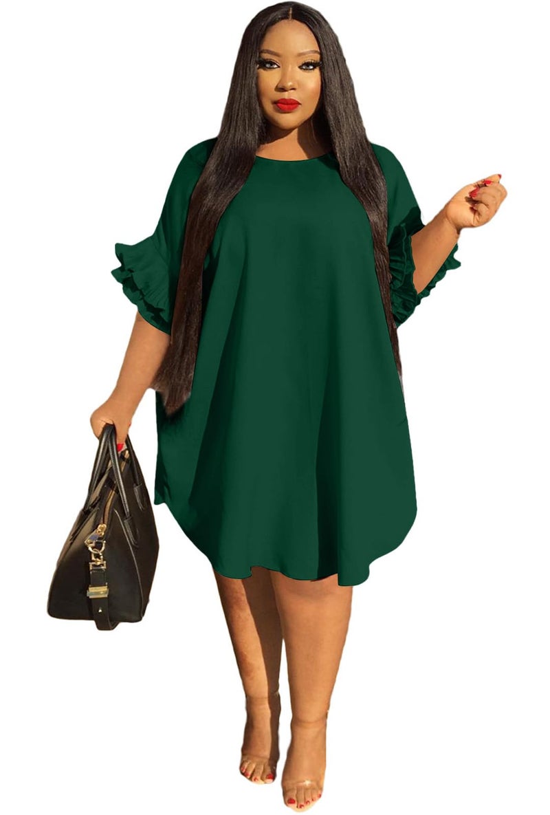 Ekaliy Womenâ€™s Summer Ruffle Sleeve Round Neck Loose Fit Casual Swing Short Mini Dress XXXXXL Green - Image 1