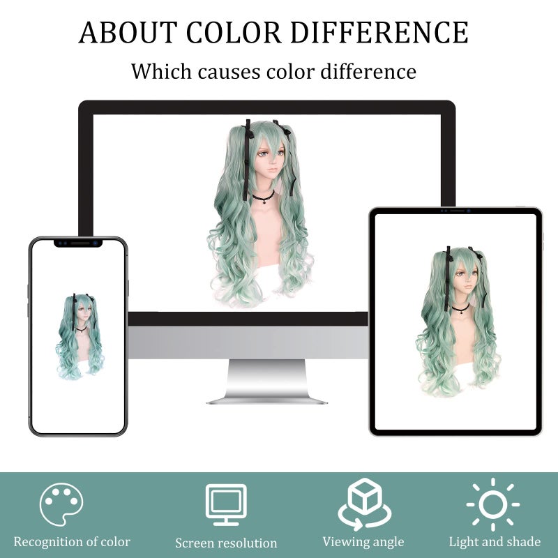 ANOGOL Long Green Cosplay Wig 4PCS Set (1 Hair Cap+2 Black Ribbons+1 Wig) With 2 Wavy Ponytails Green Costume Wig Synthetic Hair for Christmas Halloween Dress up Party - Image 5