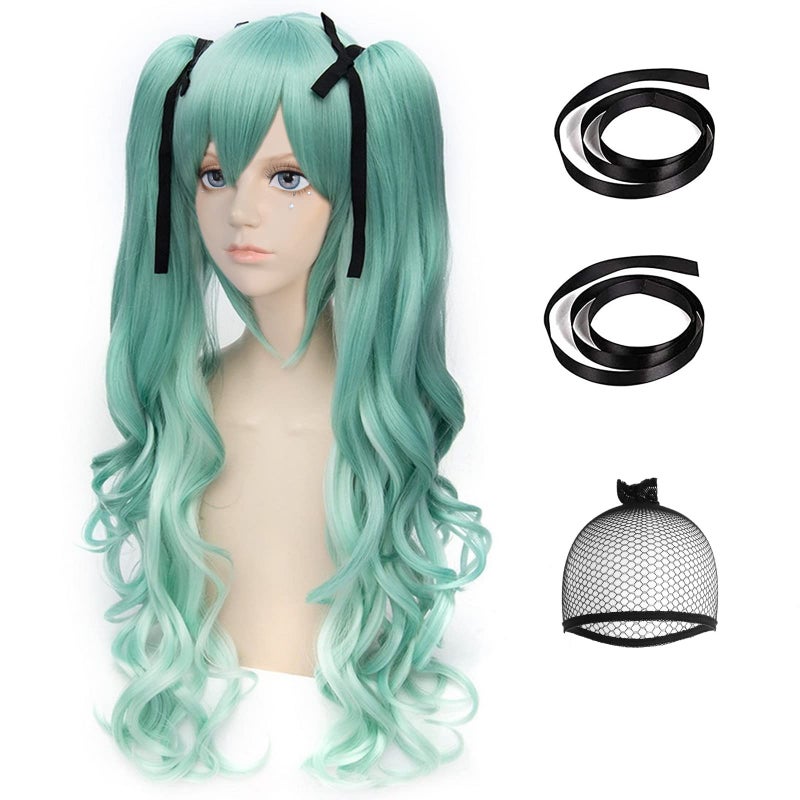ANOGOL Long Green Cosplay Wig 4PCS Set (1 Hair Cap+2 Black Ribbons+1 Wig) With 2 Wavy Ponytails Green Costume Wig Synthetic Hair for Christmas Halloween Dress up Party - Image 1