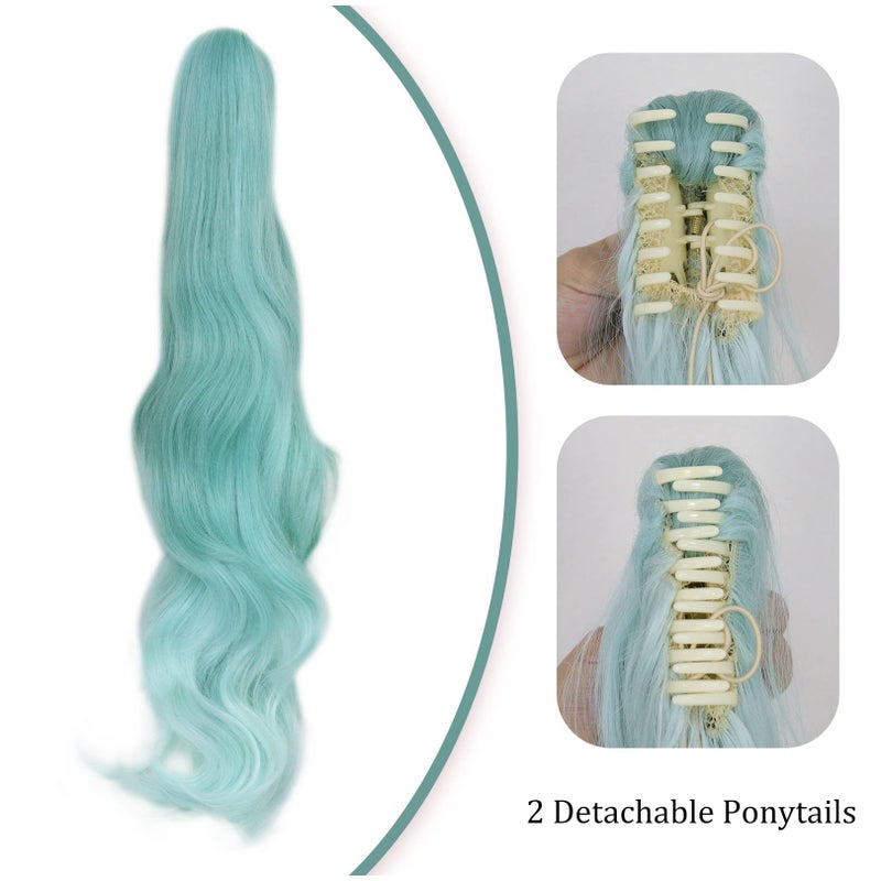 ANOGOL Long Green Cosplay Wig 4PCS Set (1 Hair Cap+2 Black Ribbons+1 Wig) With 2 Wavy Ponytails Green Costume Wig Synthetic Hair for Christmas Halloween Dress up Party - Image 3