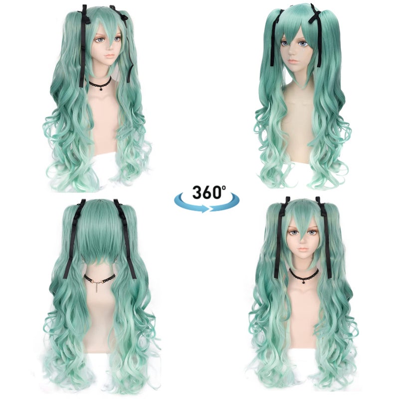 ANOGOL Long Green Cosplay Wig 4PCS Set (1 Hair Cap+2 Black Ribbons+1 Wig) With 2 Wavy Ponytails Green Costume Wig Synthetic Hair for Christmas Halloween Dress up Party - Image 2