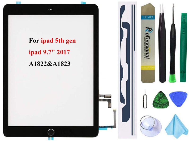 Dedyel Black Touch Screen Replacement for iPad 5 2017 9.7 inch, A1822 A1823 Digitizer Replacement with Home Button + Pre-Installed Adhesive + Tool kits - Image 1