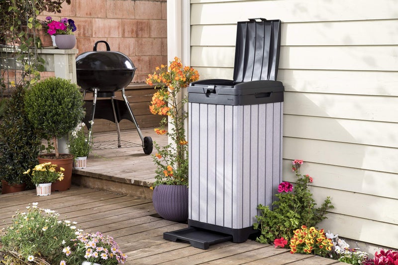 Keter Rockford 38â€‘Gallon Outdoor Trash Can â€“ Resin Patio Garbage Bin with Locking Lid & Easyâ€‘Clean Drip Tray, Weatherâ€‘Resistant Design, Grey - Image 4
