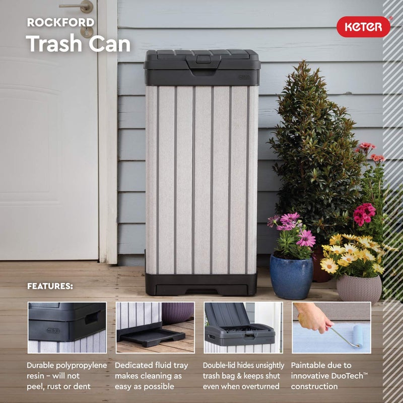 Keter Rockford 38â€‘Gallon Outdoor Trash Can â€“ Resin Patio Garbage Bin with Locking Lid & Easyâ€‘Clean Drip Tray, Weatherâ€‘Resistant Design, Grey - Image 3