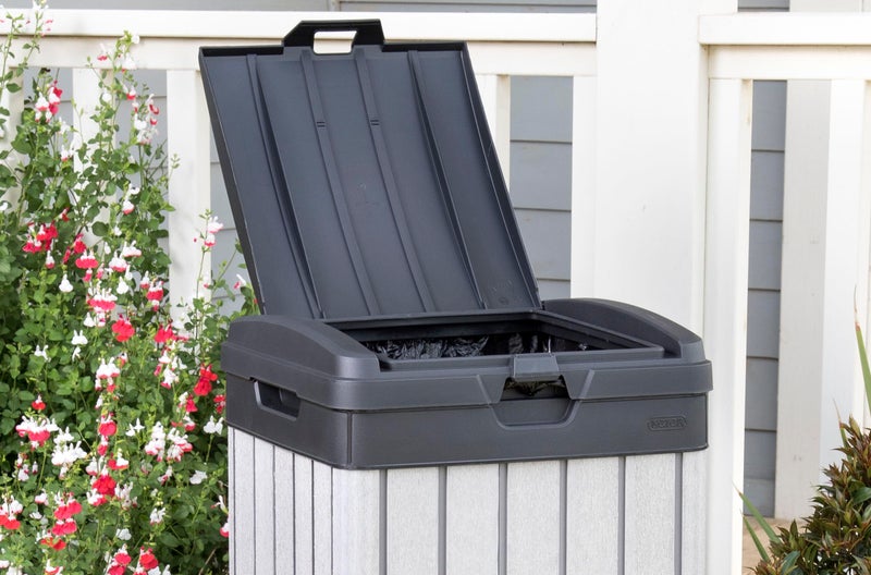 Keter Rockford 38â€‘Gallon Outdoor Trash Can â€“ Resin Patio Garbage Bin with Locking Lid & Easyâ€‘Clean Drip Tray, Weatherâ€‘Resistant Design, Grey - Image 5