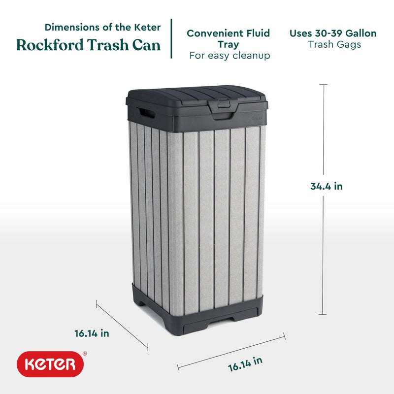 Keter Rockford 38â€‘Gallon Outdoor Trash Can â€“ Resin Patio Garbage Bin with Locking Lid & Easyâ€‘Clean Drip Tray, Weatherâ€‘Resistant Design, Grey - Image 2