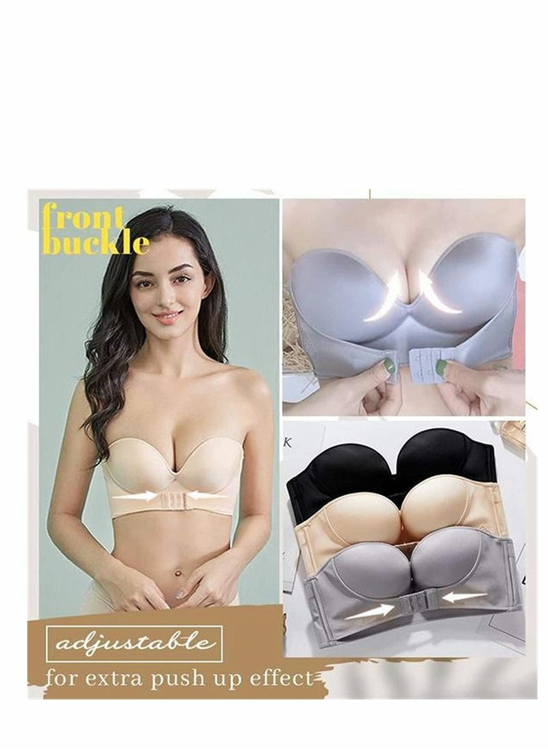 Y&D - Women Strapless Front Buckle Lift Bra, Girl Push Up Adjustable Breathable Bra Invisible Wirefree Bandeau Padded Bralette Top - Image 1