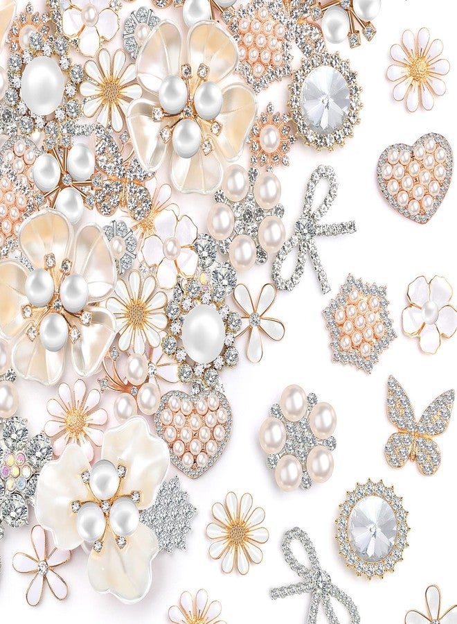 Giegxin 48 Pcs Rhinestone Buttons for Crafts Faux Pearl Embellishments Button Butterfly Flower Vintage Brooch for Wedding Decorations Jewelry Making DIY Clothes Bags Shoes Supplies (White) - Image 1