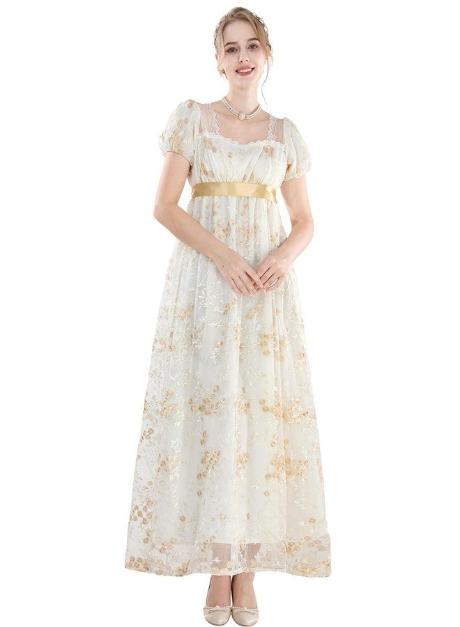 FCCAM FCCAM Regency Dresses for Women Bridgerton Puffy Sleeves Empire Waist Regency Ball Gown Shallow Yellow XXL - Image 2