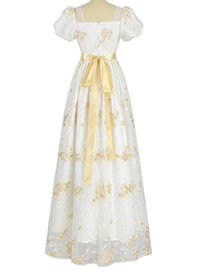 FCCAM FCCAM Regency Dresses for Women Bridgerton Puffy Sleeves Empire Waist Regency Ball Gown Shallow Yellow XXL - Image 3