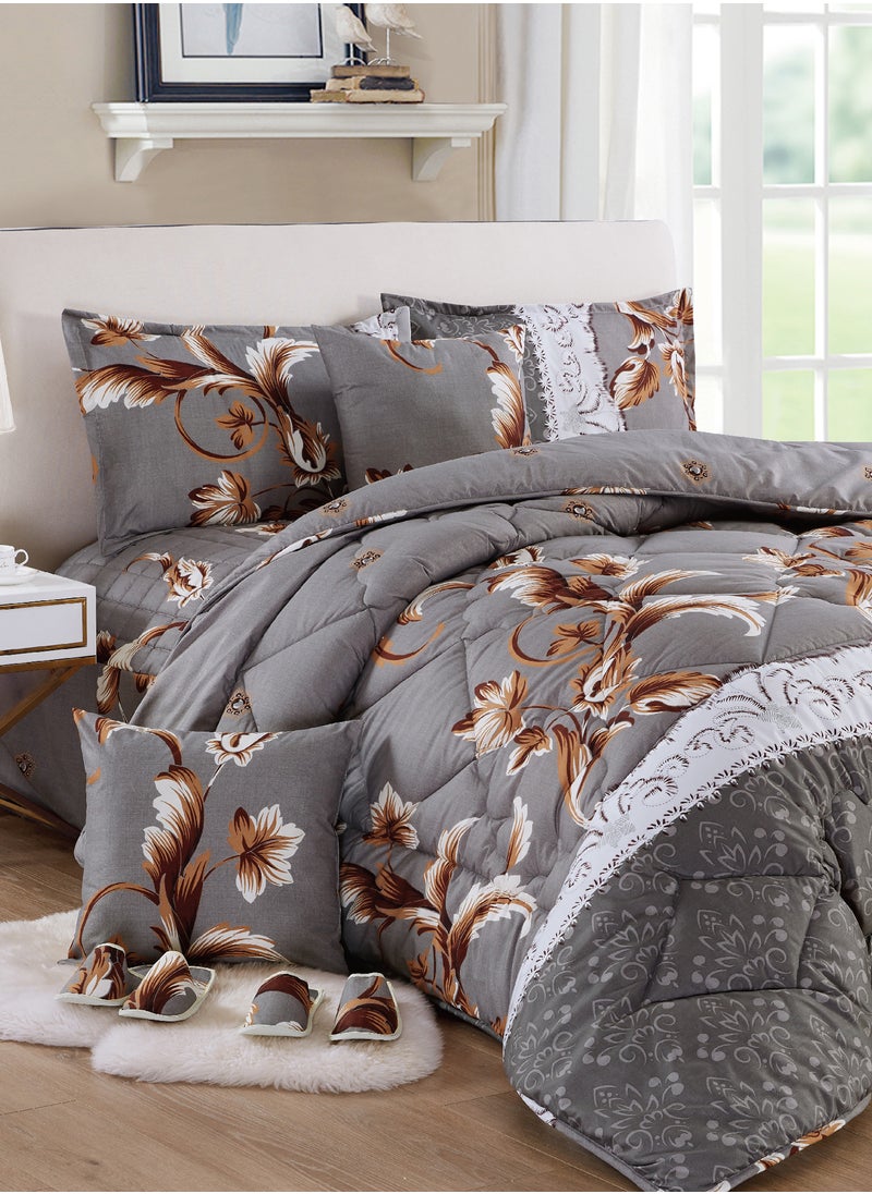 Moon Bed In A Bag Medium Filling King Size Comforter Set, 10 Pcs Floral Bedding Set Size 220 X 240 Cm with Comforter, Quilted Bed Skirt, Pillowcases, Cushion & Bedroom Slipper, Multicolor  - Image 1