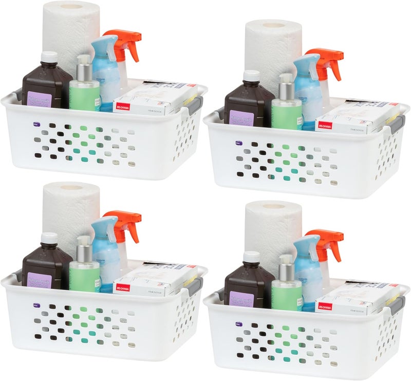 IrisUSA Plastic Basket, 4-Pack, Medium, Shelves Storage Basket for Organizing Pantry, Office, Craft Room, Cabinet, Bedroom, Closet, Laundry Room, White - Image 1