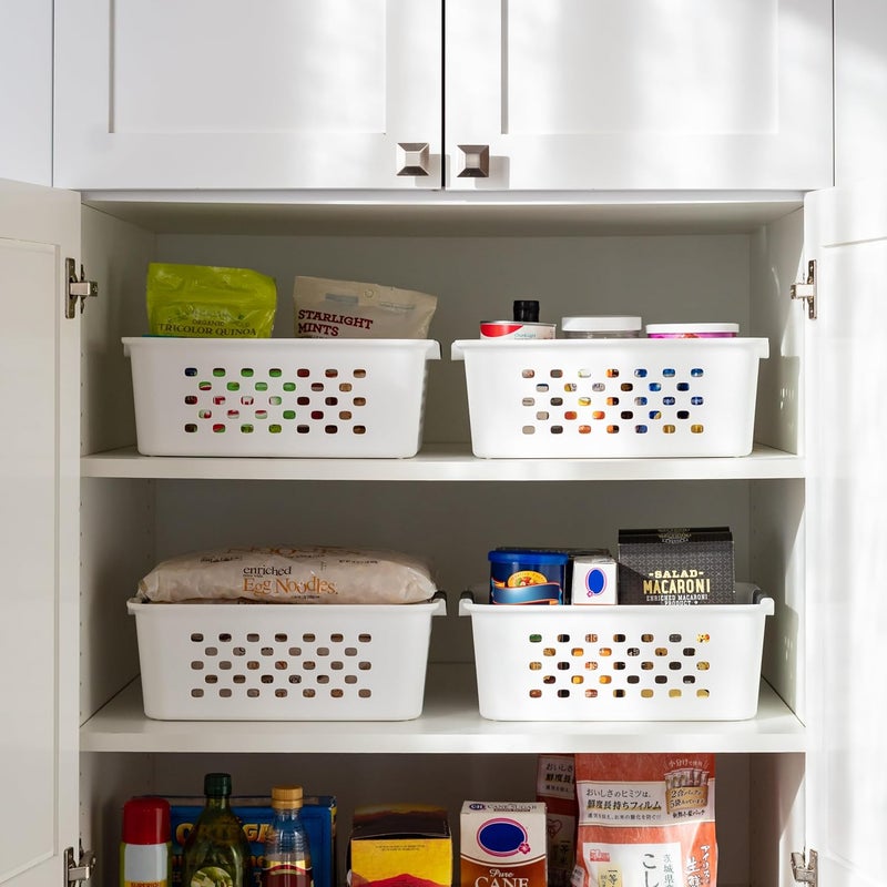 IrisUSA Plastic Basket, 4-Pack, Medium, Shelves Storage Basket for Organizing Pantry, Office, Craft Room, Cabinet, Bedroom, Closet, Laundry Room, White - Image 5