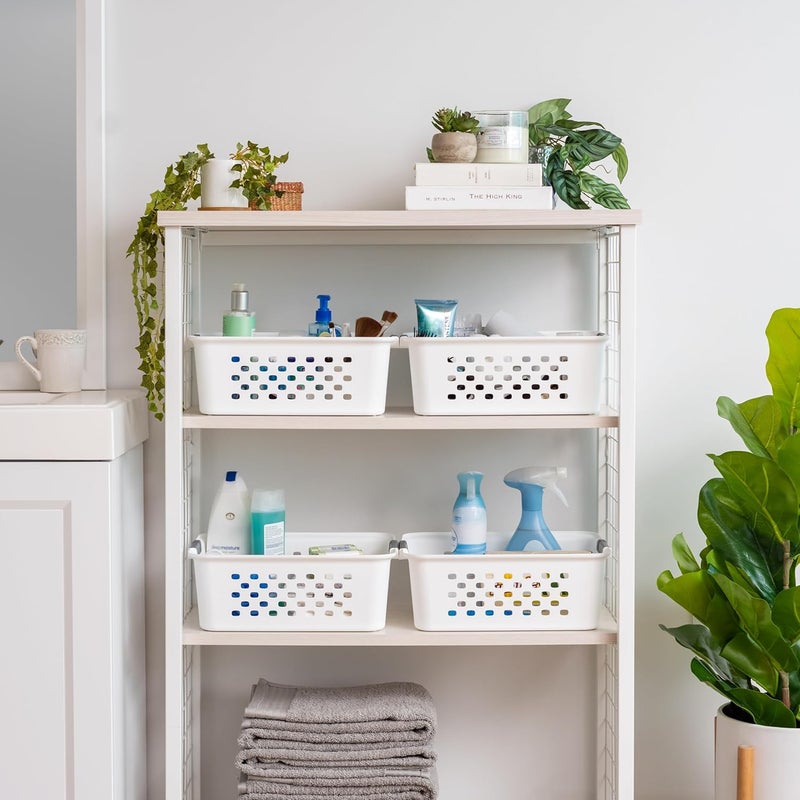 IrisUSA Plastic Basket, 4-Pack, Medium, Shelves Storage Basket for Organizing Pantry, Office, Craft Room, Cabinet, Bedroom, Closet, Laundry Room, White - Image 4