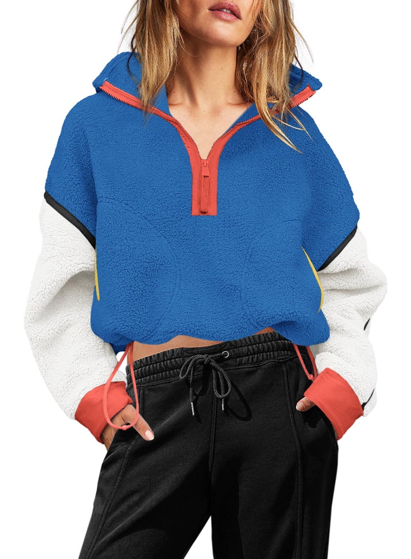 Yanekop Half Zip Pullover Women Oversized Fleece Jacket Sherpa Sweatshirt Fall Winter Cozy Sweaters with Pockets(Blue White,XS) - Image 2