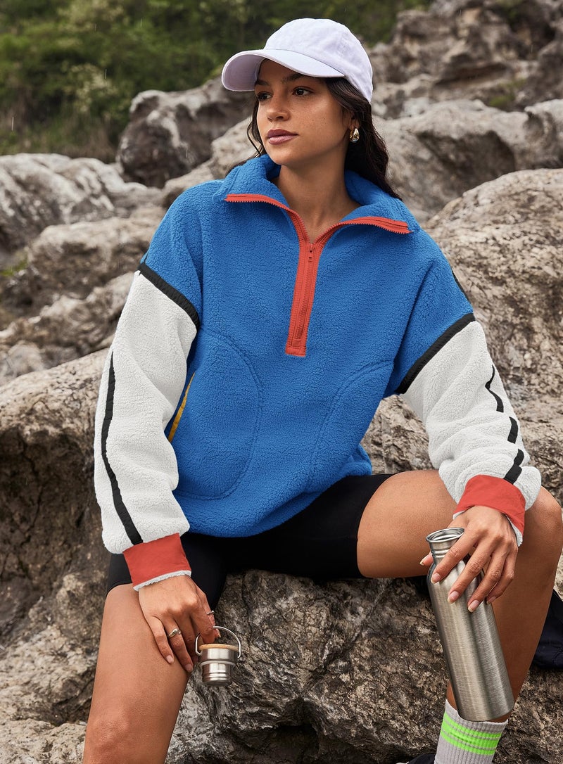 Yanekop Half Zip Pullover Women Oversized Fleece Jacket Sherpa Sweatshirt Fall Winter Cozy Sweaters with Pockets(Blue White,XS) - Image 5