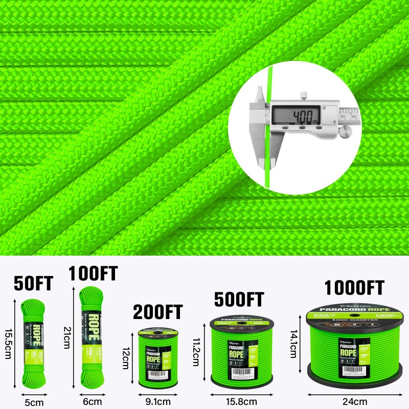Triberion Paracord Rope 550 lb - 50ft 5/32" Parachute Cord 4MM 7-Strand para Cord - Heavy Duty Spool String for Survival,Camping Gear, Survival Bracelet, Clothesline - Neon Green - Image 5