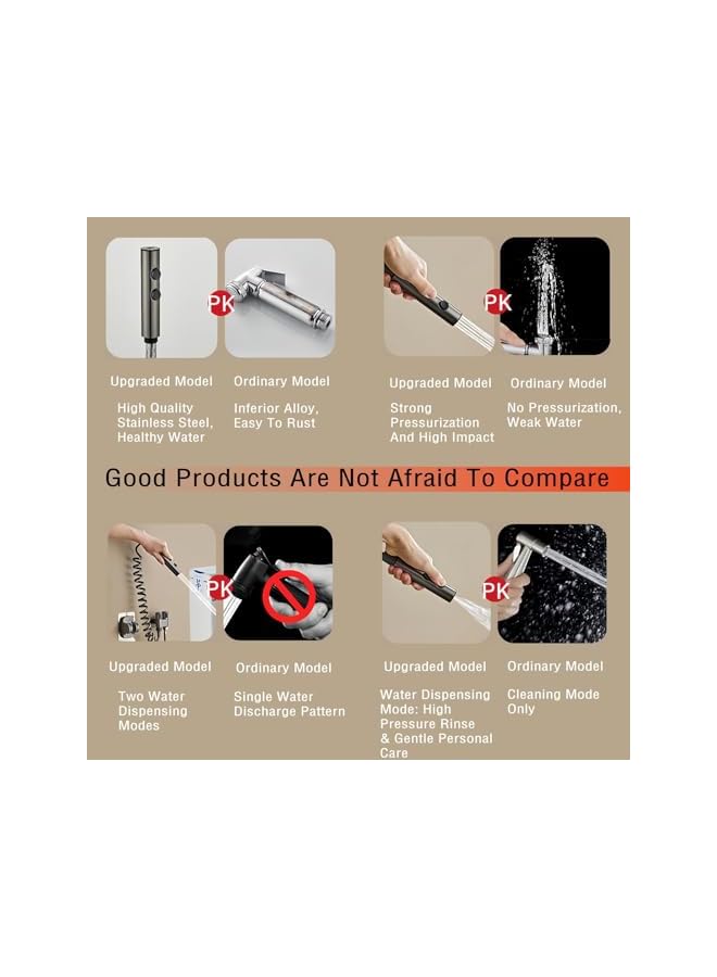 The Bros مجموعة شطاف من الفولاذ المقاوم للصدأ - رشاش دش محمول مع خرطوم متميز بطول 2م وقاعدة حائط، رشاش تنظيف قاع المرحاض للحمام (وضعين) - Image 5