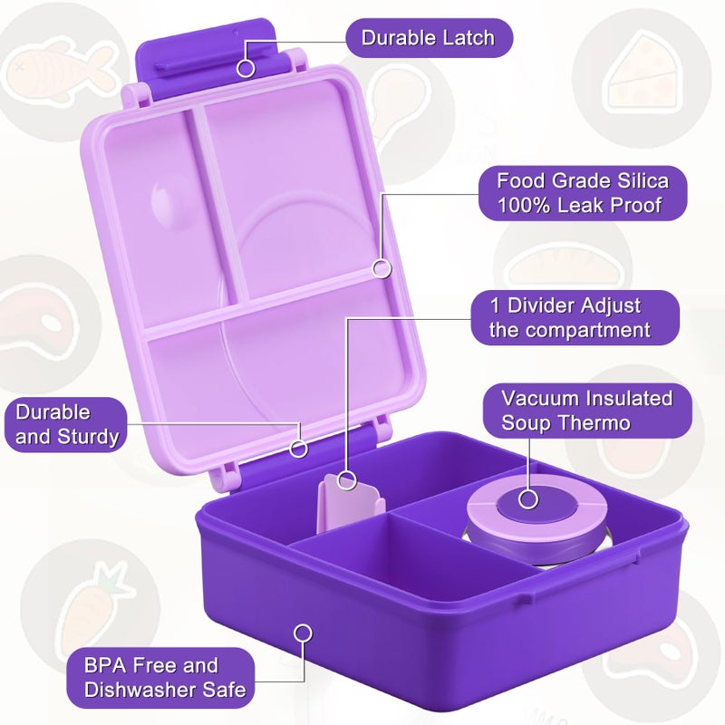 ITSLIFE Bento Lunch Box for Kids with 8oz Soup Thermo&Lunch Bag  Leak-Proof Lunch Food Containers with 4 Compartment  Hot Food Insulated Food Jar for Kids School (Purple) - Image 4