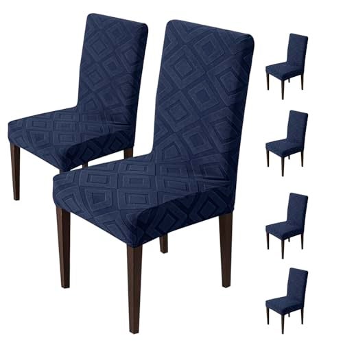 House of Quirk Stretchy Universal Jacquard Fabric Diamond Texture 220 GSM Chair Cover Removable & Washable Short Dining Chair Cover Protector Seat Slipcover (Navy, Pack of 6) - Image 1
