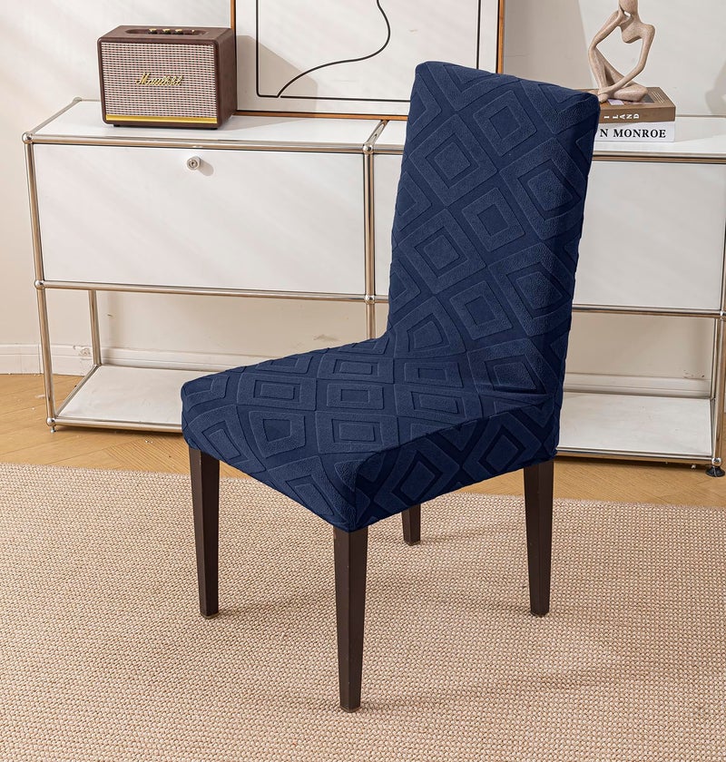 House of Quirk Stretchy Universal Jacquard Fabric Diamond Texture 220 GSM Chair Cover Removable & Washable Short Dining Chair Cover Protector Seat Slipcover (Navy, Pack of 6) - Image 2