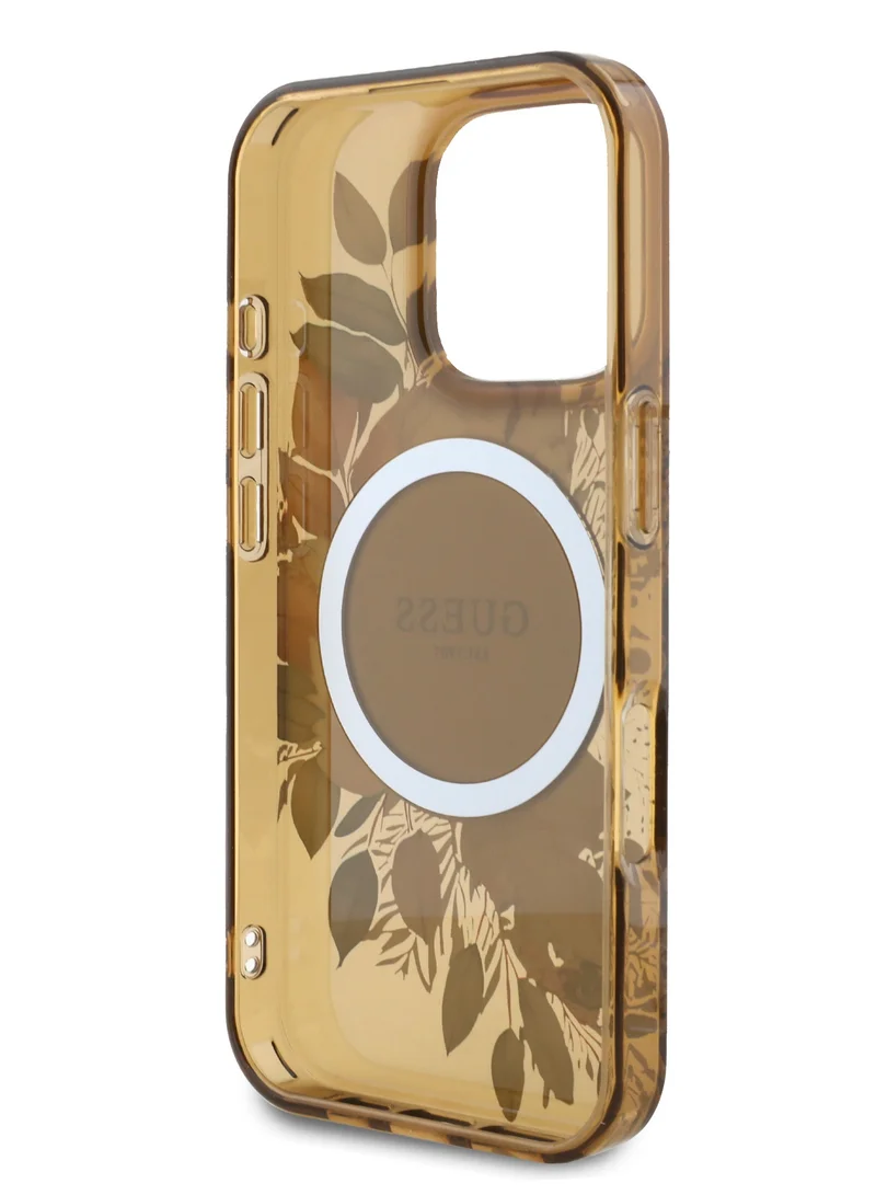 GUESS MagSafe IML Transparent Hard Case With Flower Design & Tonal Circle Logo for iPhone 16 Pro / Lightweight / High Quality Material - Brown