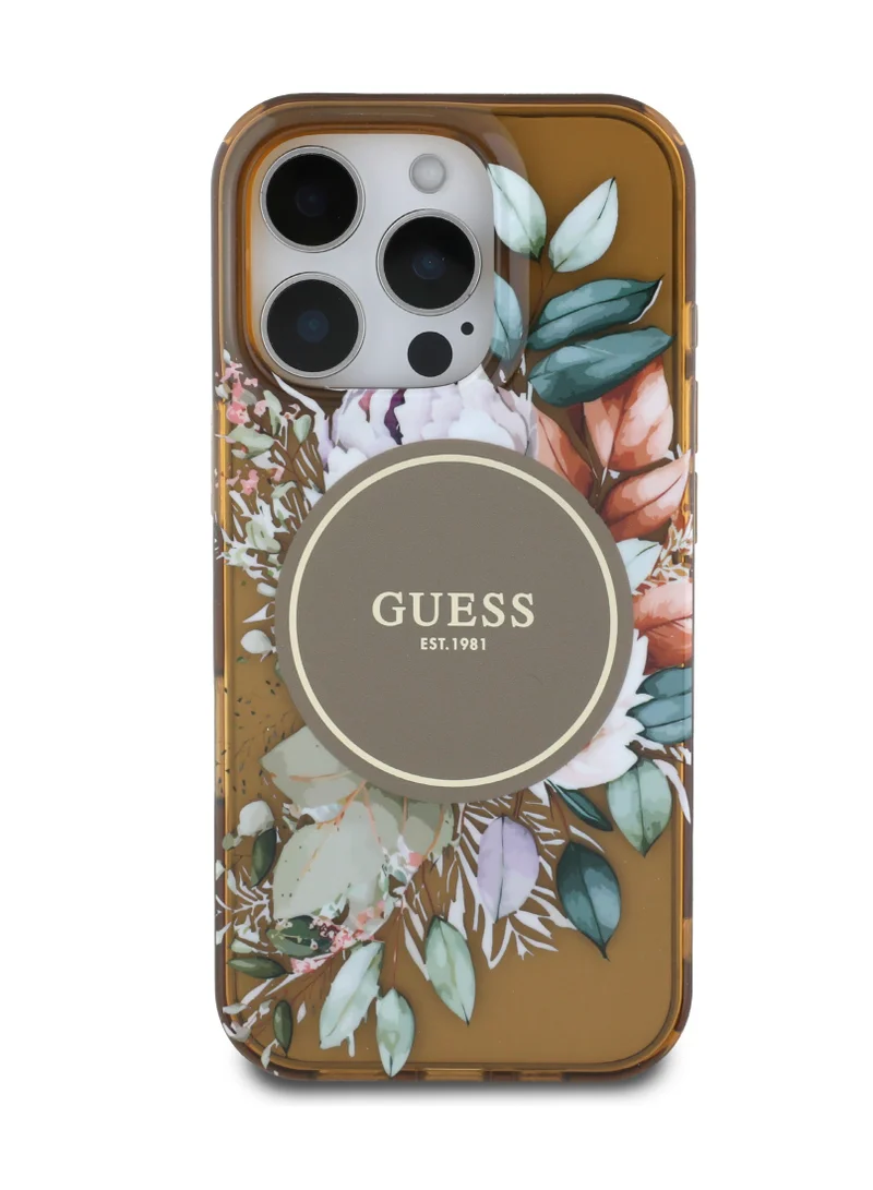 GUESS MagSafe IML Transparent Hard Case With Flower Design & Tonal Circle Logo for iPhone 16 Pro / Lightweight / High Quality Material - Brown