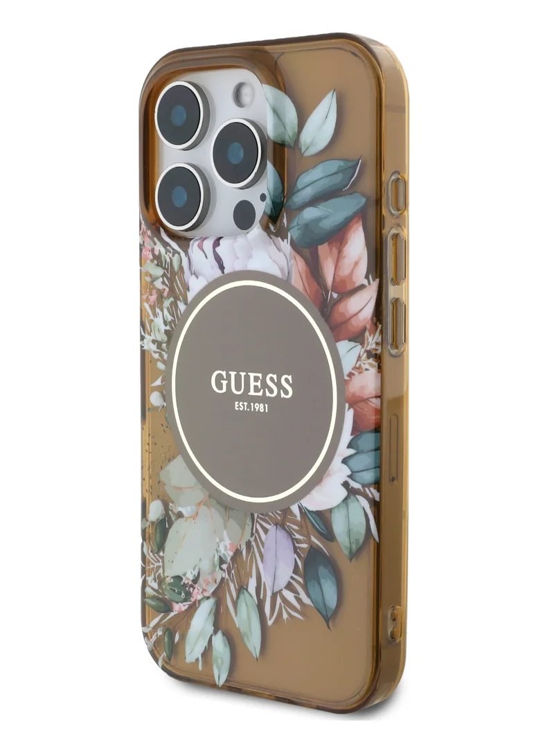 GUESS MagSafe IML Transparent Hard Case With Flower Design & Tonal Circle Logo for iPhone 16 Pro / Lightweight / High Quality Material - Brown