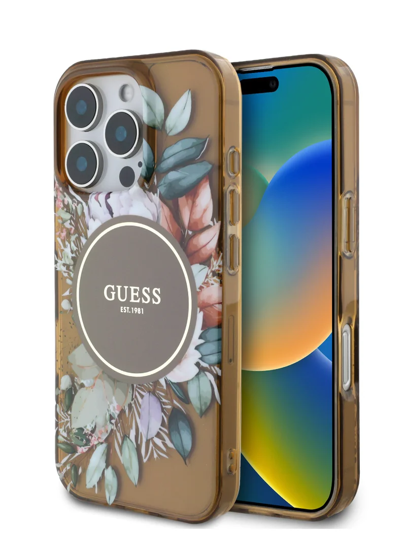 GUESS MagSafe IML Transparent Hard Case With Flower Design & Tonal Circle Logo for iPhone 16 Pro / Lightweight / High Quality Material - Brown