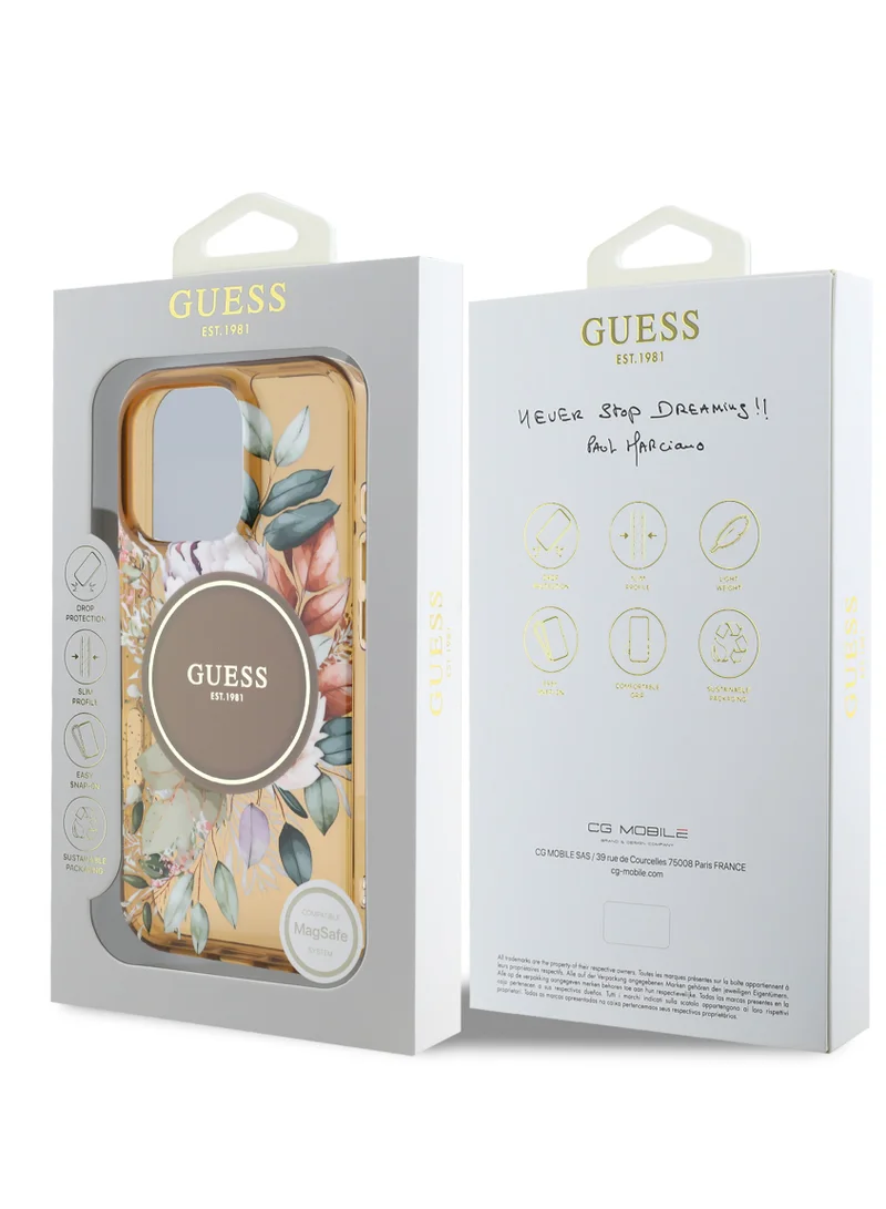 GUESS MagSafe IML Transparent Hard Case With Flower Design & Tonal Circle Logo for iPhone 16 Pro / Lightweight / High Quality Material - Brown
