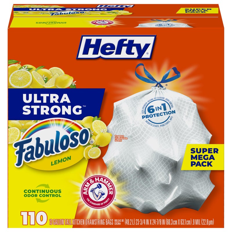 Hefty Ultra Strong 13 Gallon Trash Bags, Tall Kitchen Trash Bags 13 Gallon Size, Resist Leaks, Punctures, and Rips, Continuous Odor Control, White, Fabuloso Lemon Scent, 110 Bags - Image 1