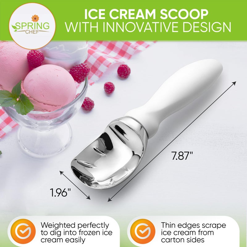Spring Chef White Commercial Ice Cream Scoop with Comfortable Handle - Heavy Duty Metal Ice Cream Scooper for Frozen Yogurt, Gelato, Sorbet, Melon, Sundae - Dishwasher Safe Kitchen Tool - Image 2