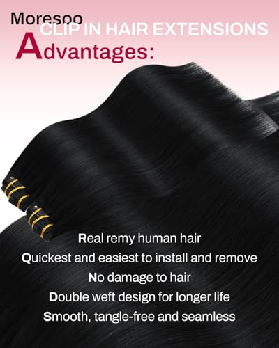 Moresoo Jet Black Clip in Hair Extensions Human Hair Black Hair Extensions Clip in Straight Remy Human Hair Double Weft 120g 22 Inch - Image 2