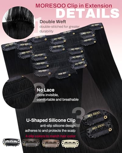 Moresoo Jet Black Clip in Hair Extensions Human Hair Black Hair Extensions Clip in Straight Remy Human Hair Double Weft 120g 22 Inch - Image 4