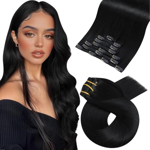 Moresoo Jet Black Clip in Hair Extensions Human Hair Black Hair Extensions Clip in Straight Remy Human Hair Double Weft 120g 22 Inch - Image 1