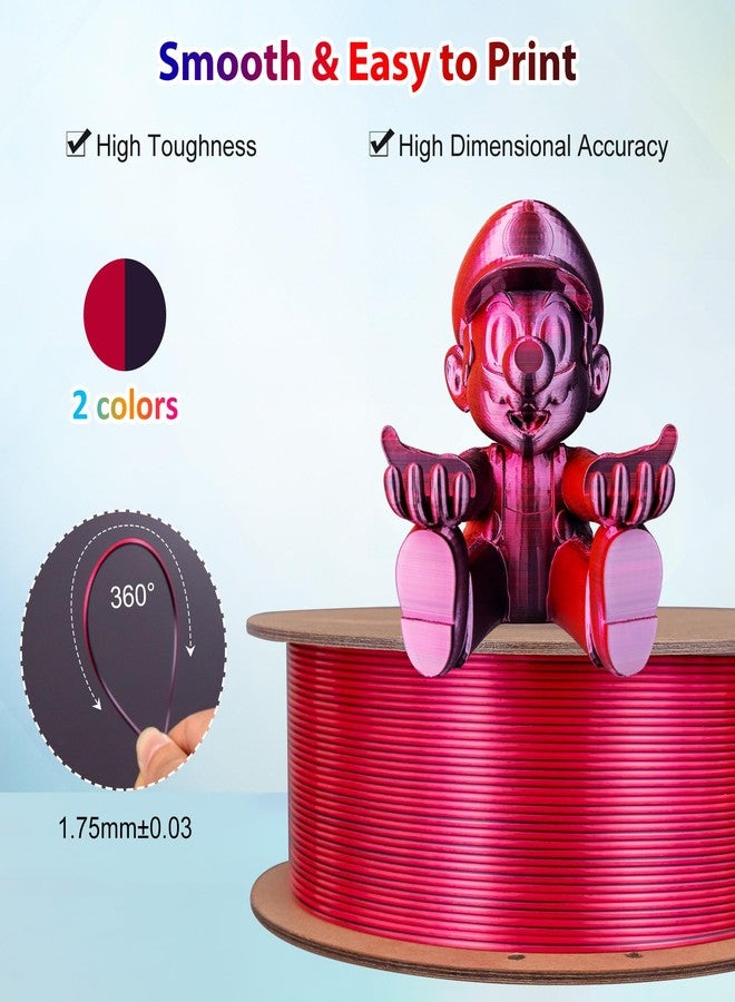 3Dgenius Silk Dual Color PLA Filament 1.75mm, 2-in-1 Coextruded Shiny Multicolor 3D Printer Filament, 1KG(2.2lbs) Spool, Silk Black/Red, Clog-Free & Bubble-Free for FDM 3D Printers - Image 2