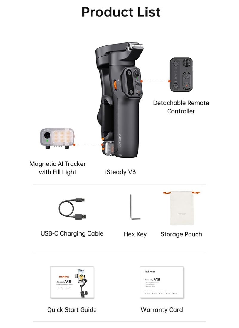 hohem - hohem iSteady V3 Gimbal Stabilizer for Smartphone, AI Tracker Fill Light,Detached Remote,Built-in Tripod Extension Rod,2024 Upgraded - Image 1
